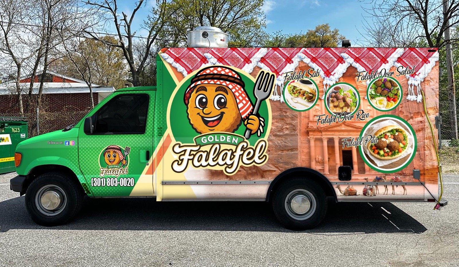 Golden Falafel food truck with green wrap and falafel mascot